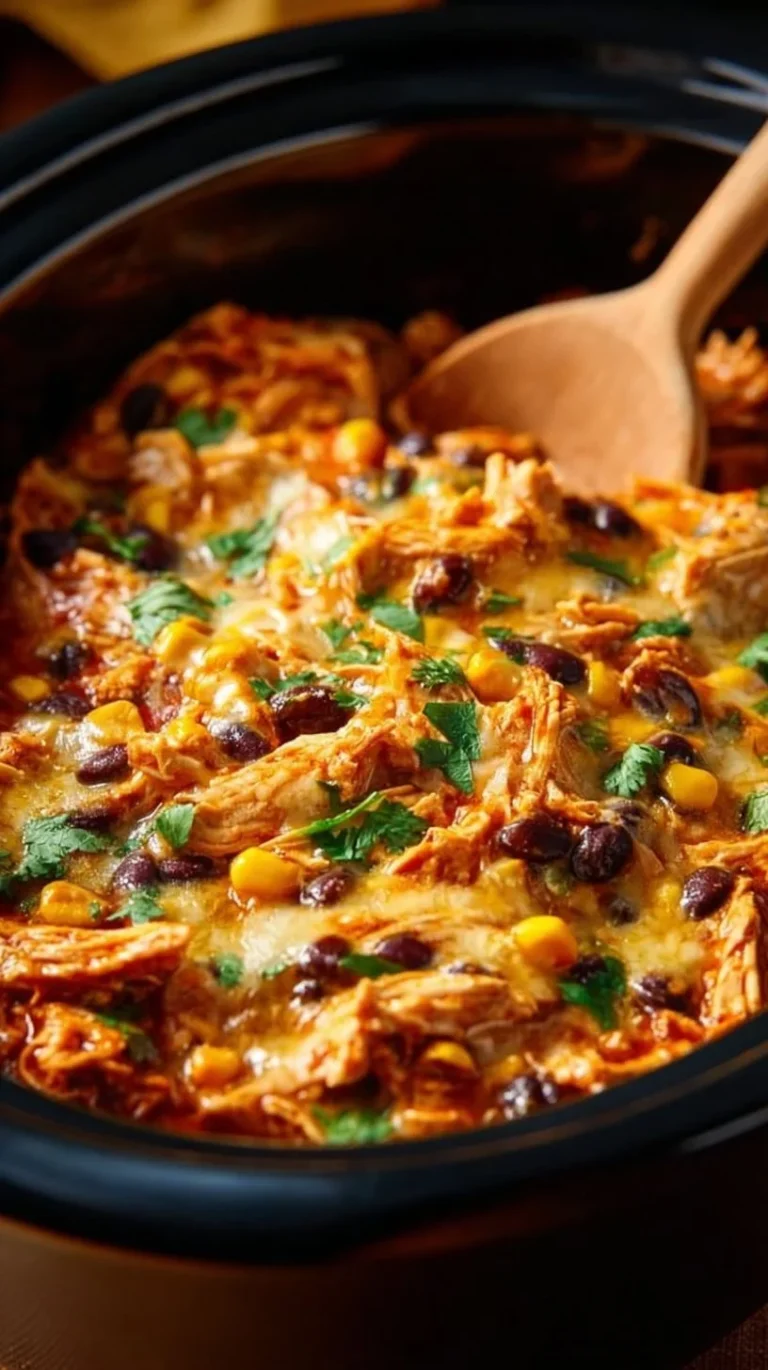 Delicious crockpot chicken enchilada casserole served in a dish
