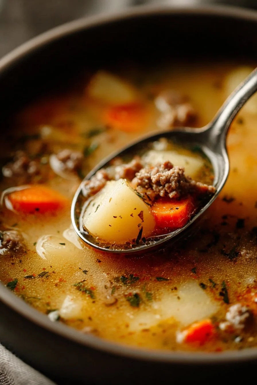 Bowl of Crockpot Creamy Potato Hamburger Soup topped with fresh herbs.