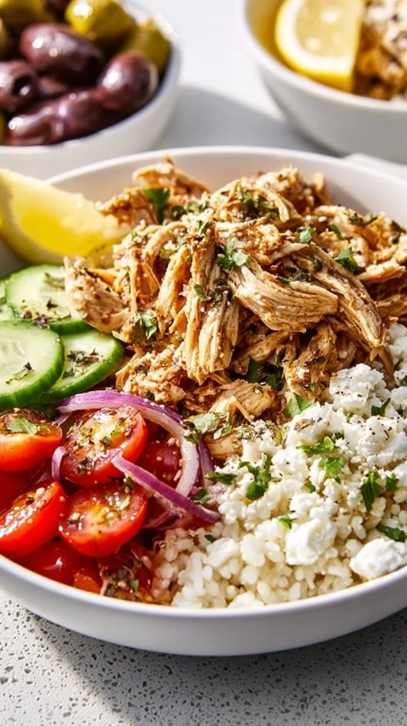 Delicious Crockpot Greek Chicken Bowls with fresh vegetables and flavorful seasoning