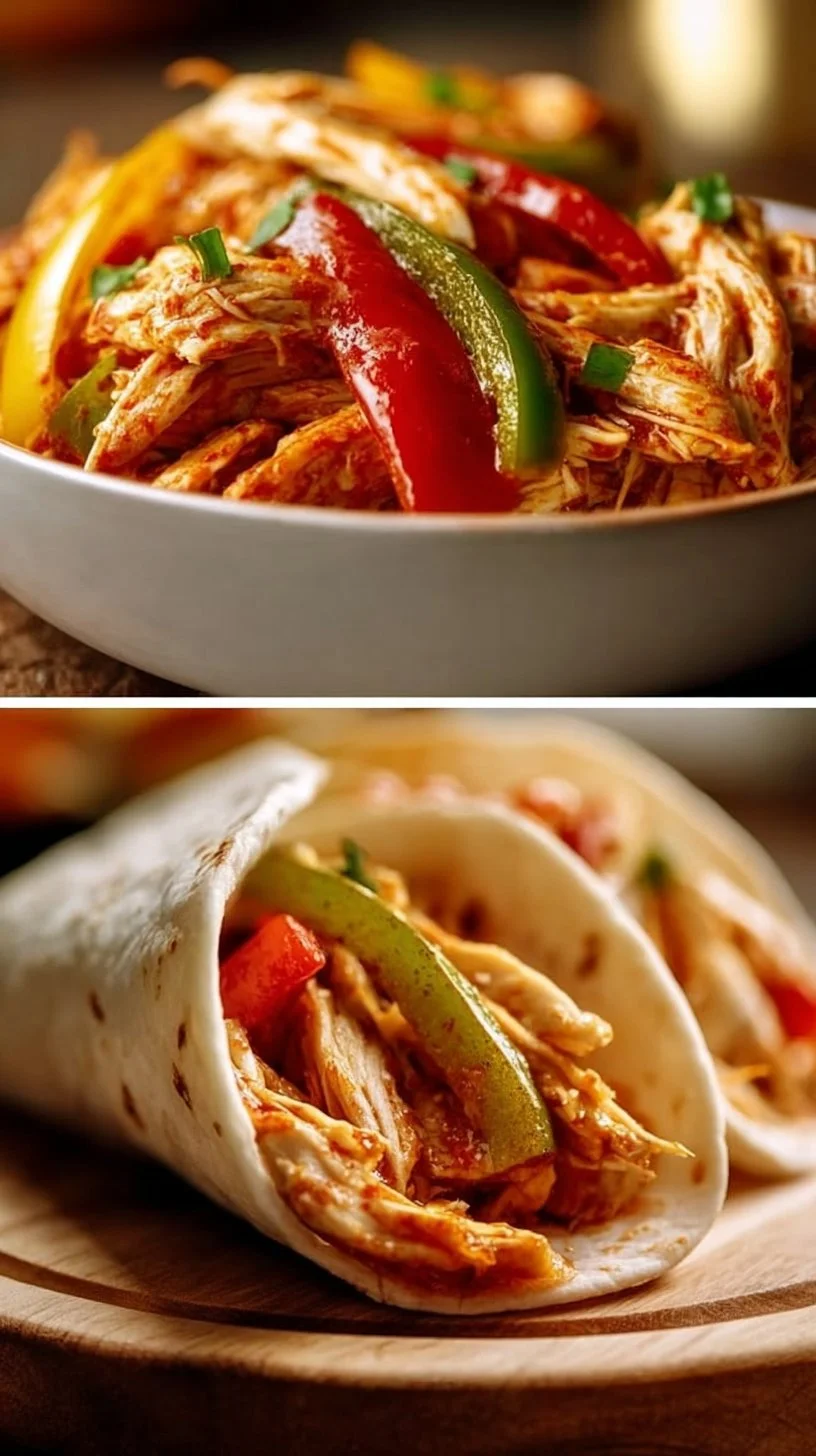 Delicious easy Crockpot chicken fajitas served with fresh vegetables and tortillas.