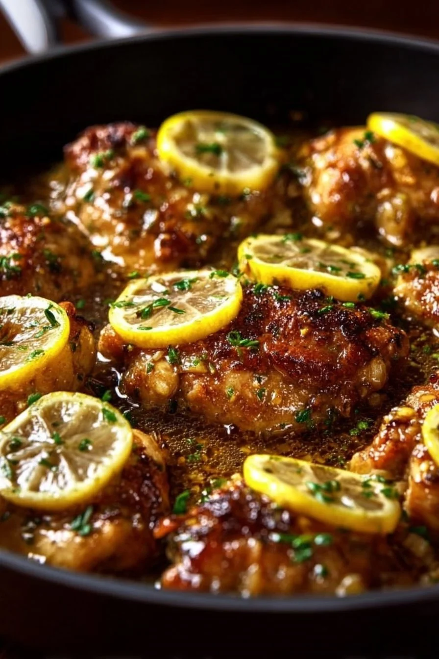 Delicious easy lemon chicken garnished with fresh herbs