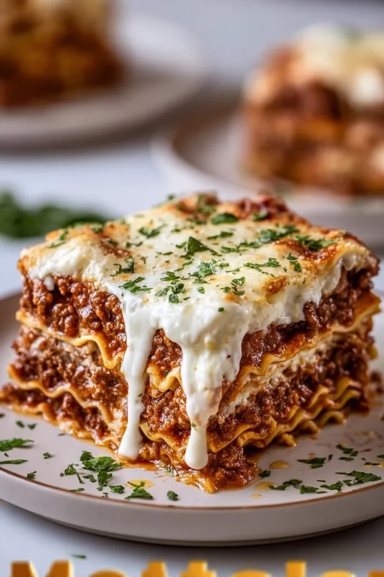 A delicious serving of easy meat lasagna topped with melted cheese and herbs.