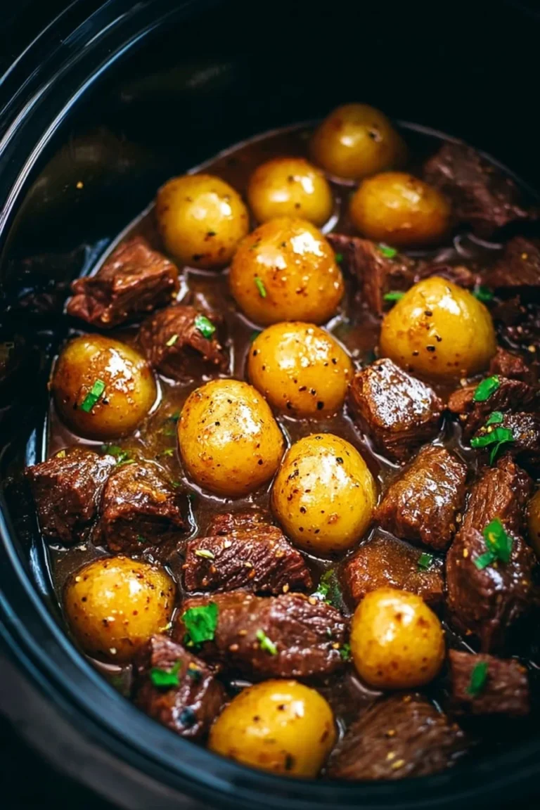 Delicious Garlic Butter Beef Bites served with golden roasted potatoes