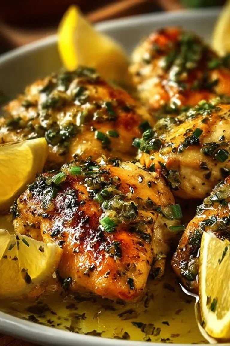 Plate of Greek Lemon Chicken garnished with herbs and lemon slices.