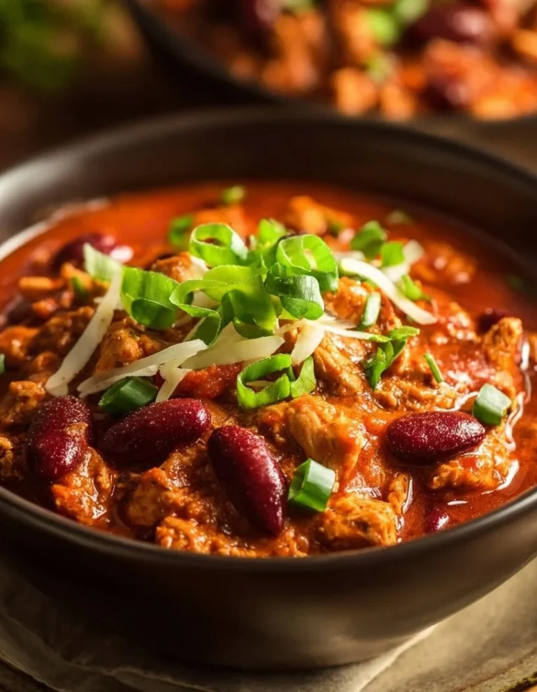 High protein chicken chili served in a bowl garnished with herbs.