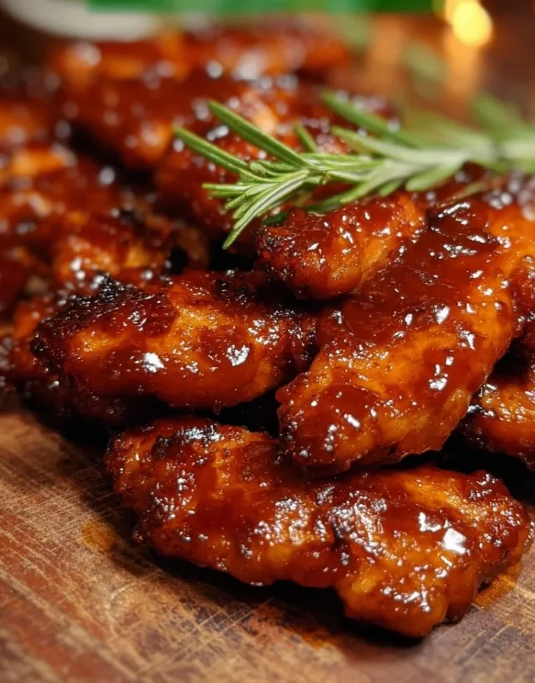 Golden Honey BBQ chicken strips served with dipping sauce on a plate