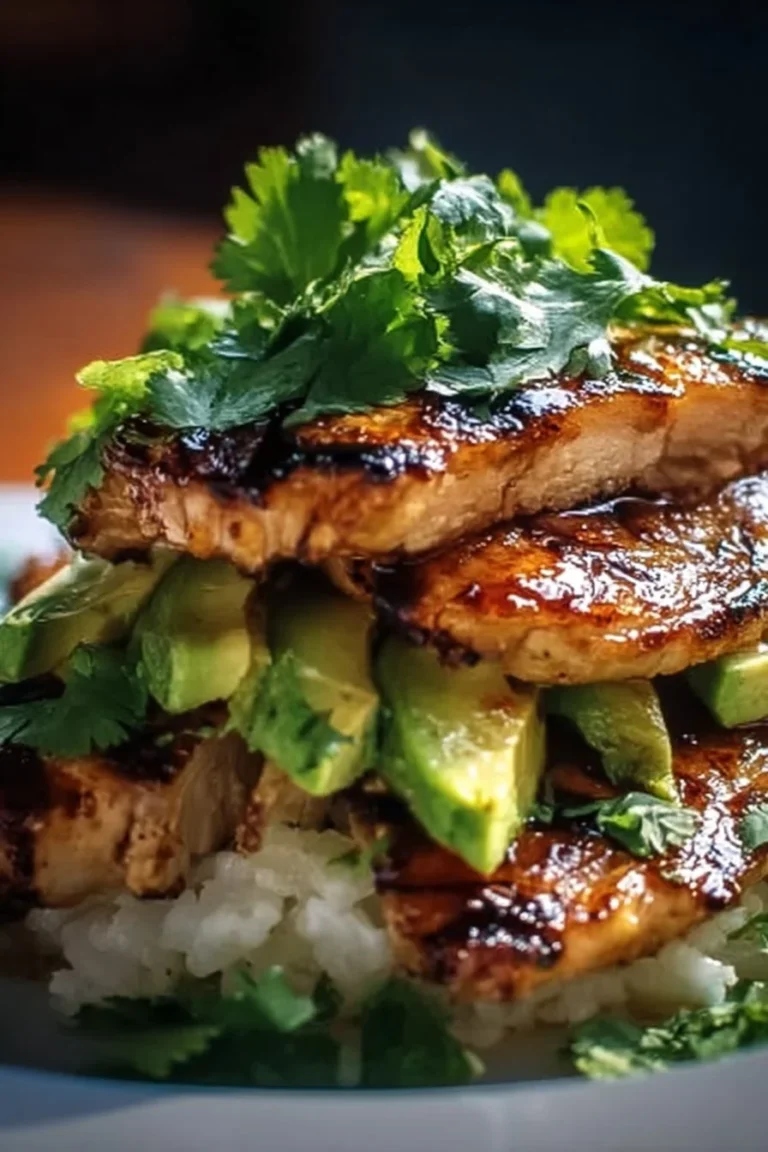 Honey Lime Chicken served with Avocado Rice Stack on a plate