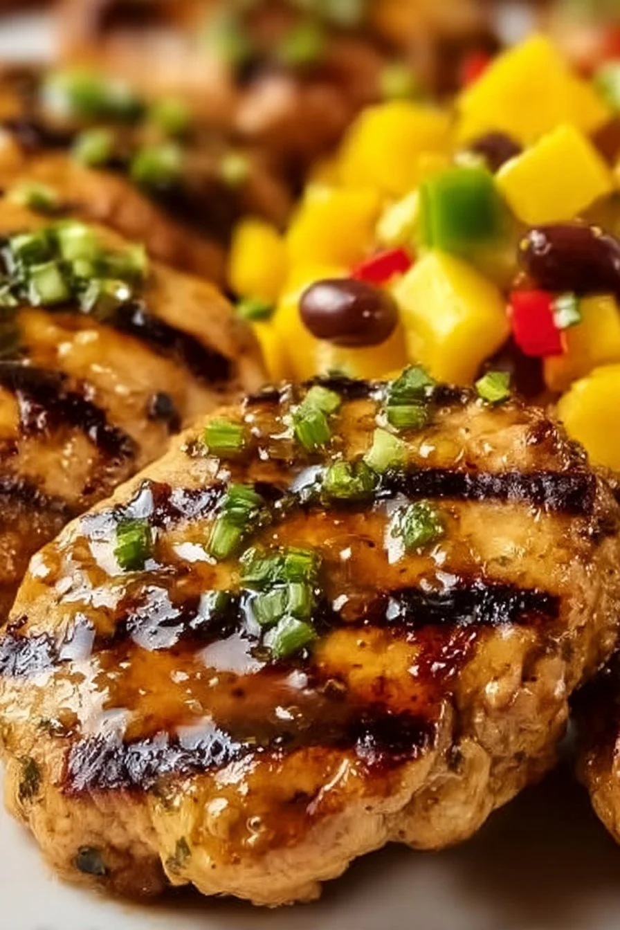 Grilled Honey Lime Chicken served with fresh mango salsa on a plate.
