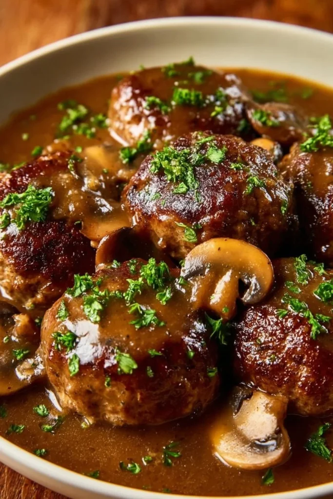 Juicy Salisbury Steak dish by Bobby Flay garnished and ready to serve