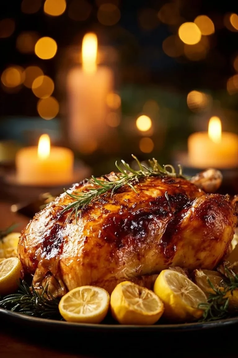 Lemon garlic roast chicken cooked to perfection with herbs and spices.