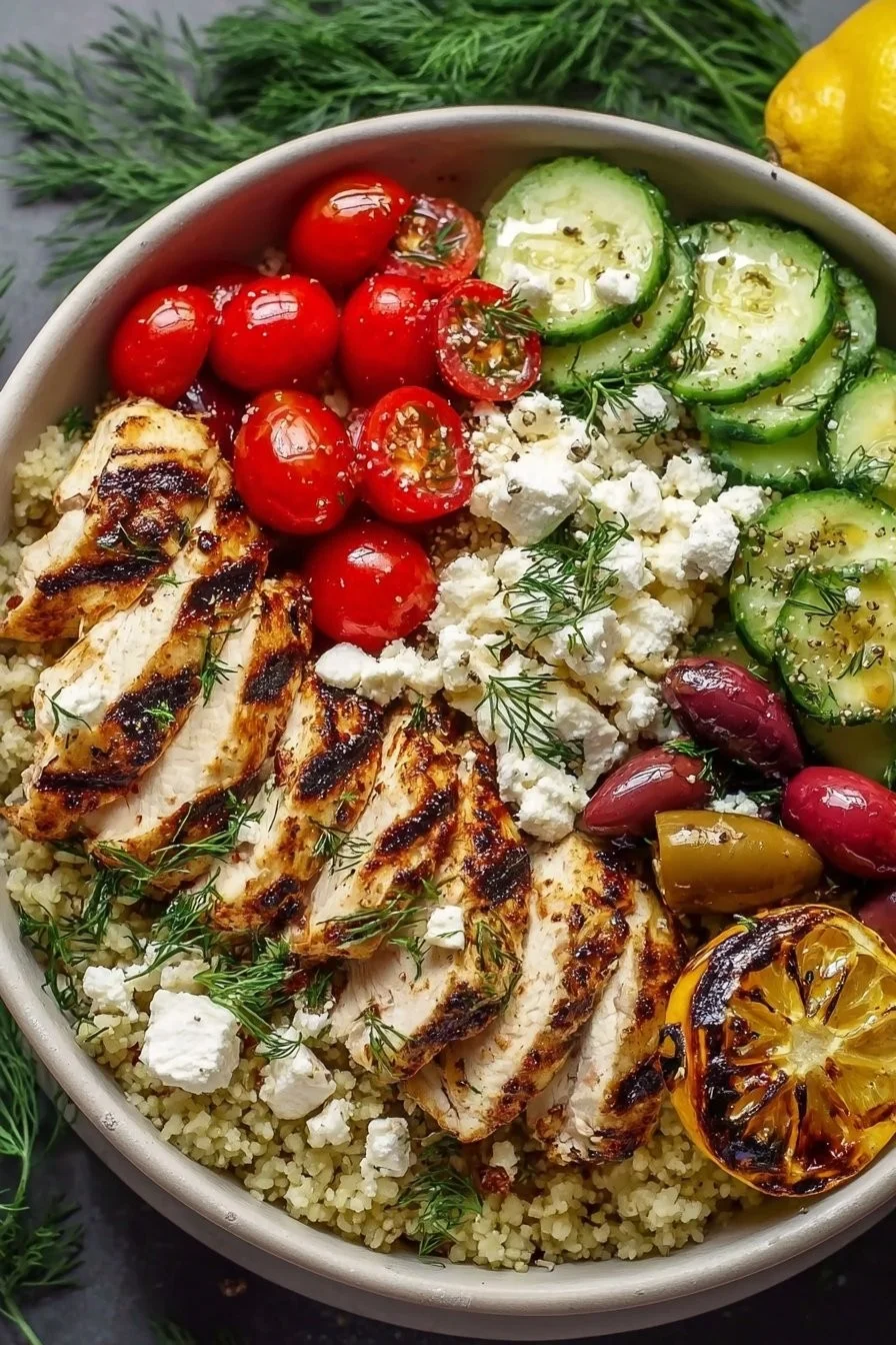 Mediterranean Lemon-Dill Chicken Bowls topped with fresh herbs and lemon