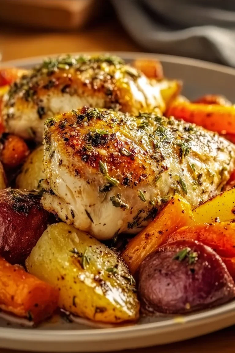 One pan dish featuring herb roasted vegetables and chicken for a savory meal