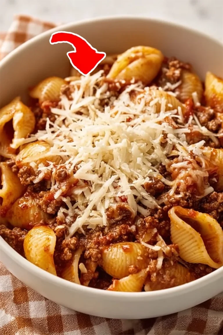 One Pot Creamy Beef and Shells dish served in a bowl