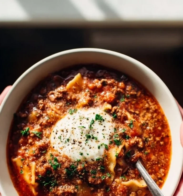 Delicious One Pot Lasagna Soup in a bowl topped with cheese and herbs.