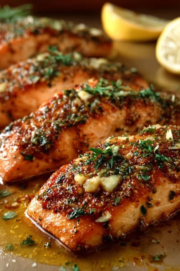 Delicious oven baked salmon fillet with herbs and lemon served on a plate