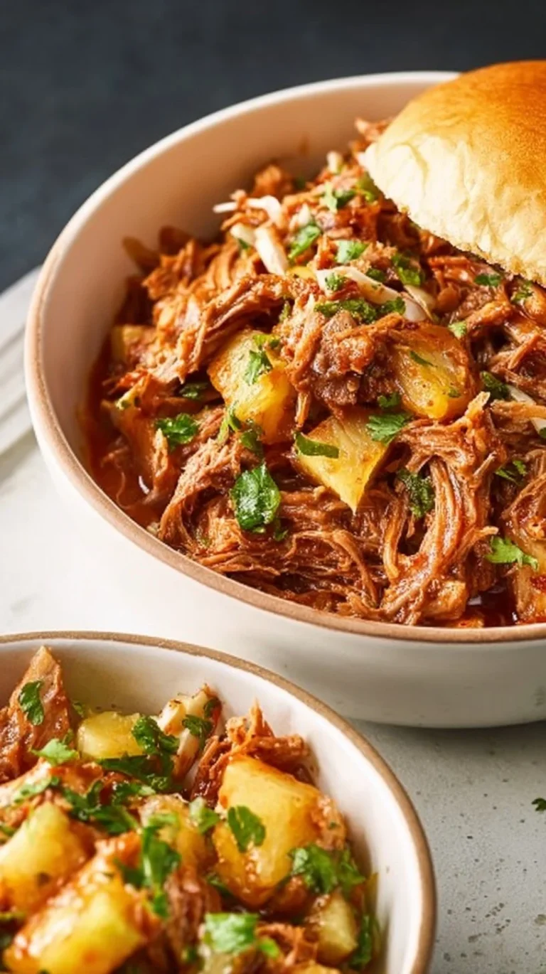 Pineapple pulled pork served in a crock pot, showcasing a summer recipe