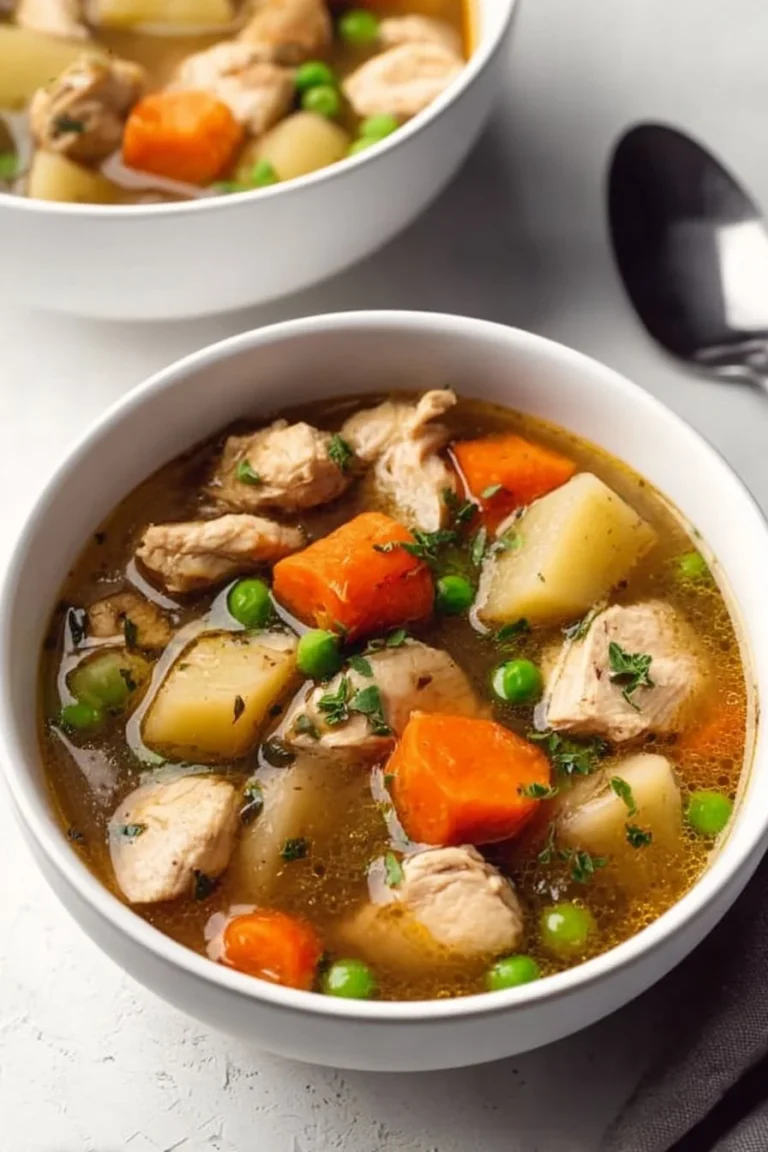 Bowl of Rustic Chicken Slow Cooker Stew with carrots and herbs