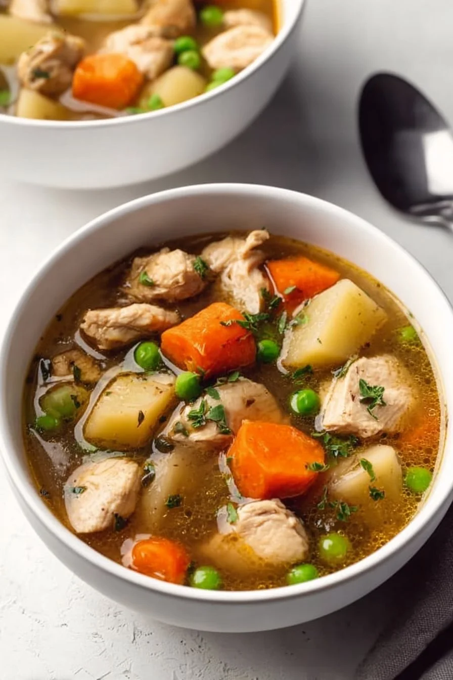 Bowl of Rustic Chicken Slow Cooker Stew with carrots and herbs