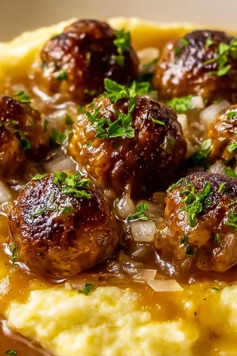 Delicious Salisbury Steak Meatballs served with garlic herb mashed potatoes.