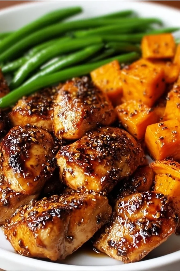 One pan honey garlic chicken with sweet potatoes, a delicious and easy recipe.