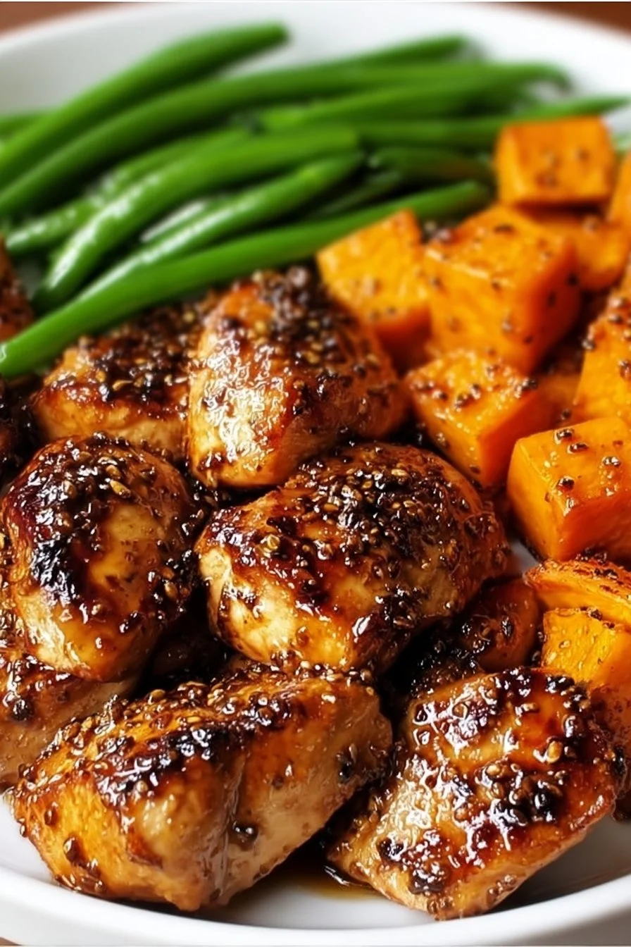 One pan honey garlic chicken with sweet potatoes, a delicious and easy recipe.