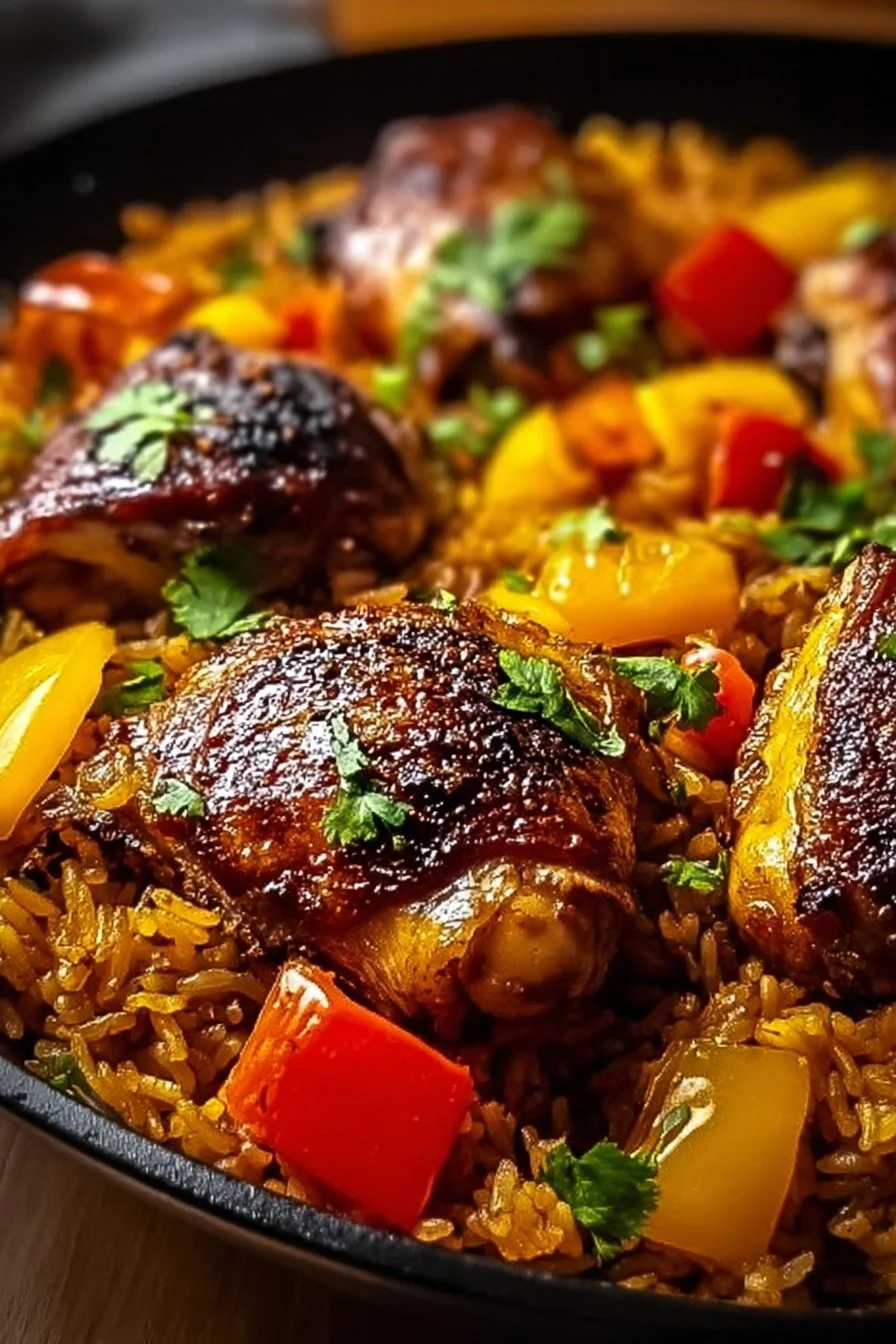Delicious Caribbean chicken served with rice and vibrant vegetables