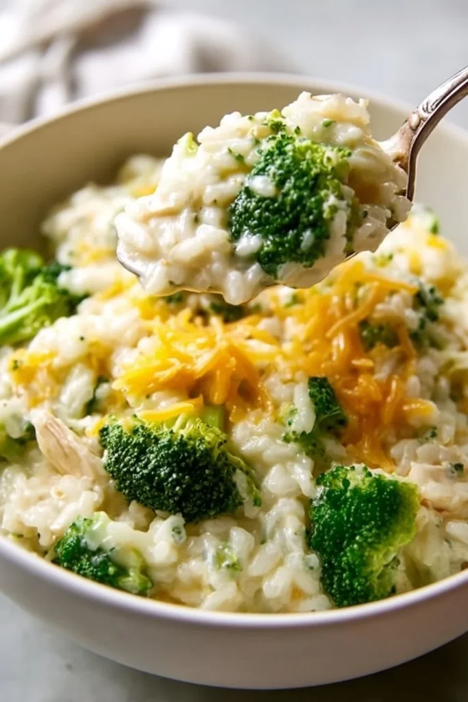 Slow cooker chicken broccoli rice casserole dish with vegetables and rice