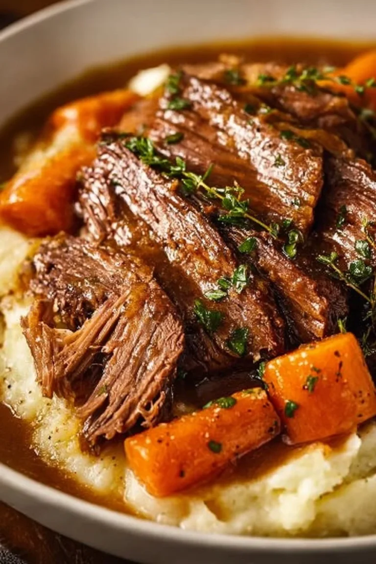 Slow Cooker Garlic Herb Pot Roast garnished with fresh herbs and vegetables