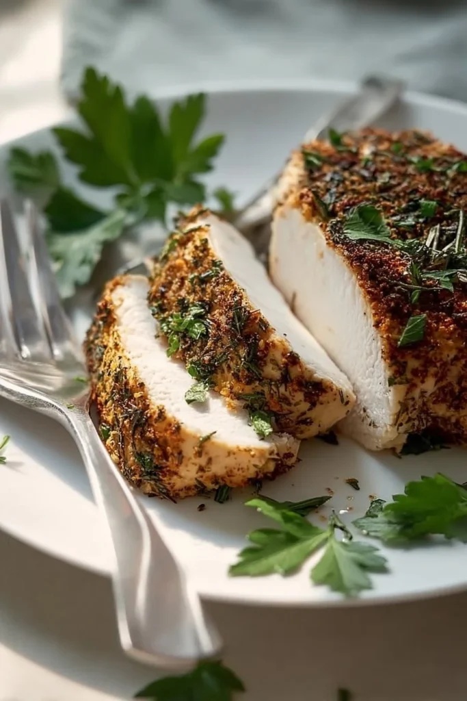 Slow cooker herb chicken breast served with herbs and spices