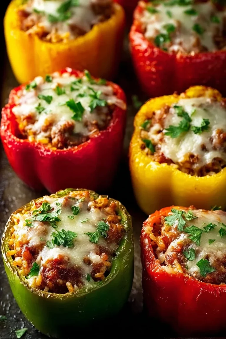 Plate of colorful stuffed bell peppers garnished with herbs.