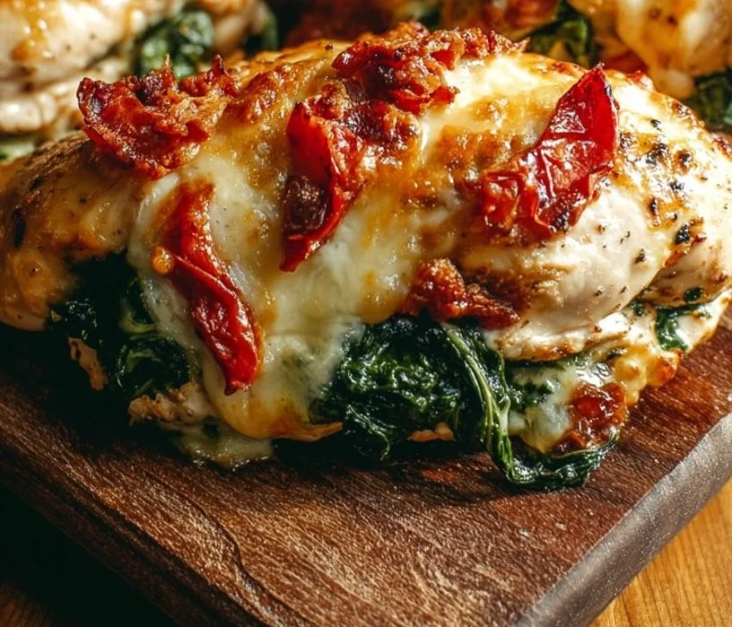 Sundried tomato spinach and cheese stuffed chicken on a plate