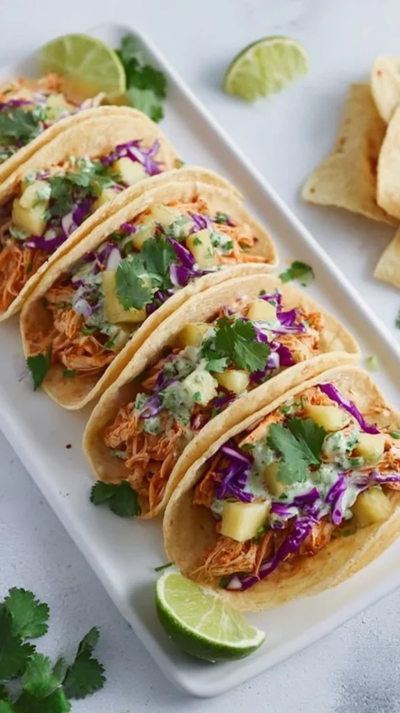 CrockPot Pineapple Chicken Tacos with fresh toppings on a plate