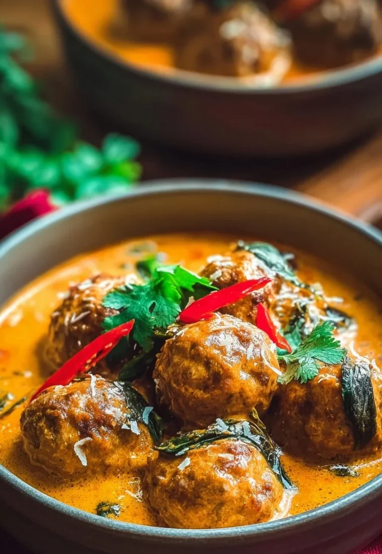 Plate of Thai chicken meatballs in coconut curry sauce garnished with herbs